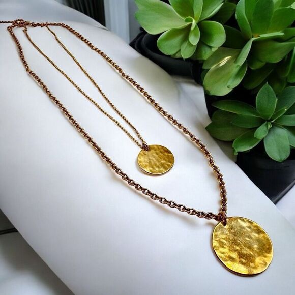 J Crew Gold Tone Layered Multi Strand Coin Pendant style Necklace Dainty - Picture 1 of 8